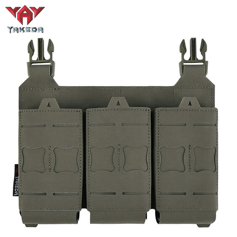YKD-0119 Yakeda Tactical Nylon Molle Triple Pistol Ammunition Bag in olive green with three ammo pouches.