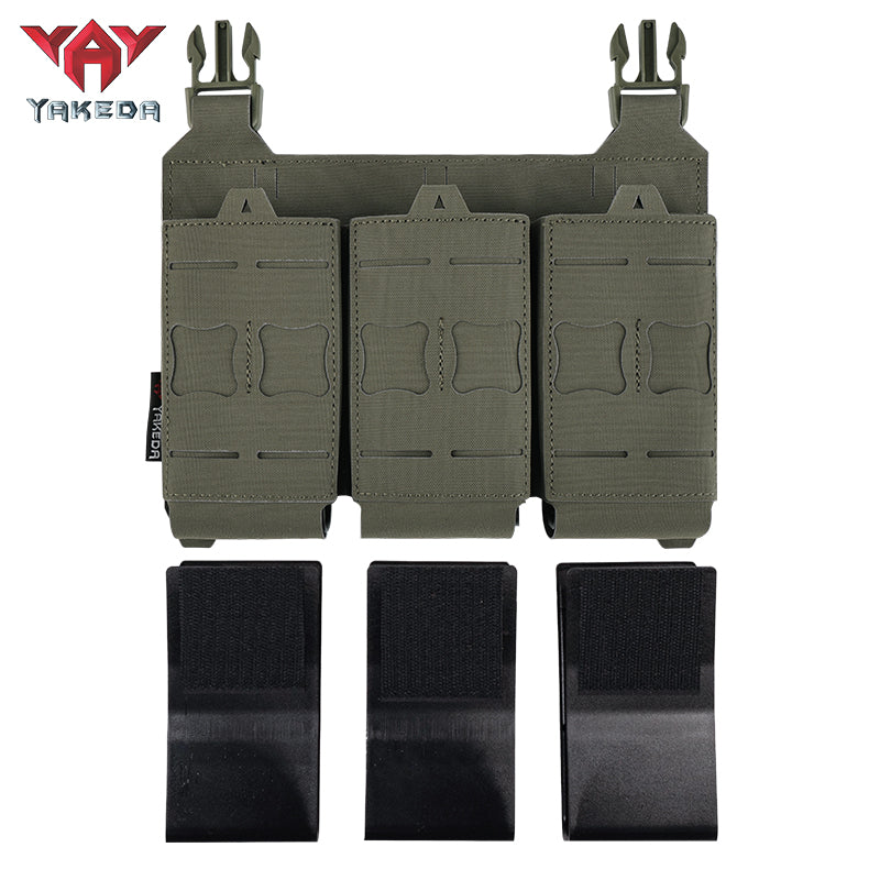 YKD-0119 Yakeda Tactical Nylon Molle Triple Pistol Ammunition Bag in green with three black magazines.